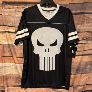 NWT Marvel The Punisher Skull Logo Men's S Black V-Neck Mesh Jersey Shirt